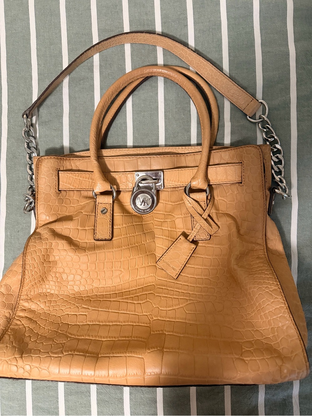 Michael Kors Tan Croc-Embossed Leather Satchel with Silver Hardware